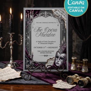 May include: A rectangular invitation card titled The Opera Macabre, featuring a silver ornate frame, a white masquerade mask, sheet music, and deep purple fabric accents. The text reads: You are cordially invited to The Opera Macabre, A Night of Dark Decadence & Theatrical Delights, October 31st, Midnight, The Underground Opera House.