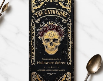 Convite para festa gótica de Halloween, modelo 4x9, editável no Canva, tema caveiras e rosas, estilo dark academia, download digital instantâneo.