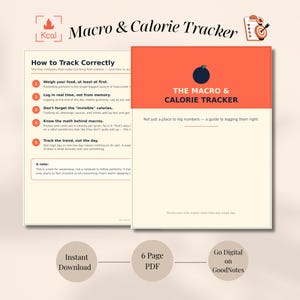 May include: A digital Macro & Calorie Tracker guide featuring a cream-coloured background with orange accents. The document includes a How to Track Correctly list, a title page with a dark blue circle icon, and text detailing tracking methods.