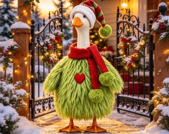 23 Inch Porch Goose Christmas Costume, Fluffy Green Furry Monster Outfit, Holiday Goose Statue Clothing, Winter Porch Garden Decor