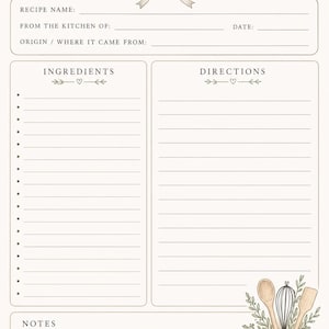 May include: A printed recipe card template featuring the word Recipe at the top with a bow and leaf illustration. It includes sections for Recipe Name, From the Kitchen Of, Date, Origin, Ingredients, Directions, and Notes, with a utensil jar graphic.