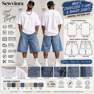 May include: A sewing pattern set for an oversized t-shirt and baggy shorts. The image displays front and back views of the garments, technical line drawings, pocket details, and a list of suitable fabrics with sizes ranging from S to XXL.