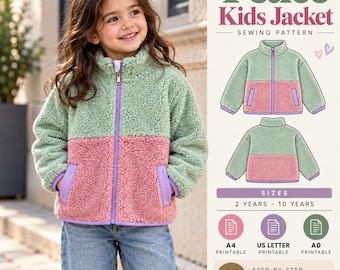 Op de afbeelding: Een naaipatroon voor een Felice kinderjas met een color-block ontwerp van saliegroene en oudroze fleece. Het patroon bevat maten voor 2 tot 10 jaar, met printbare A4, US Letter en A0 formaten en stapsgewijze naaistructies met illustraties.