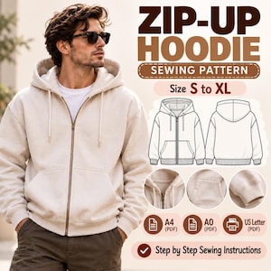 Patrón de costura para chaqueta con capucha y cremallera para hombre, corte moderno, unisex (descarga en PDF)