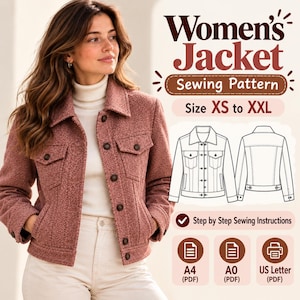 Könnte beinhalten: Ein Schnittmuster für eine Jacke mit dem Text Women's Jacket Sewing Pattern Size XS to XXL. Das Bild zeigt eine strukturierte, altrosa Jacke mit Kragen, Knopfleiste und Brusttaschen sowie technische Strichzeichnungen des Kleidungsstücks.