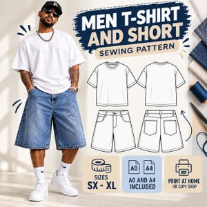 May include: A sewing pattern for a t-shirt and shorts, featuring technical line drawings of the garments from front and back views. The text reads MEN T-SHIRT AND SHORT SEWING PATTERN, SIZES SX - XL, A0 AND A4 INCLUDED, PRINT AT HOME OR COPY SHOP.