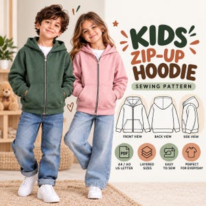 以下が含まれることがあります： KIDS ZIP-UP HOODIE SEWING PATTERNと書かれた子供用ジップアップパーカーの型紙。画像には、ダークグリーンのパーカーとダスティピンクのパーカーが写っており、それぞれフロントジッパー、フード、ポケットが付いています。また、技術的な線画も含まれています。