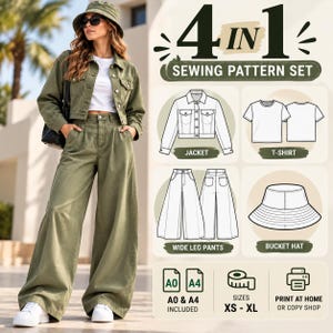 May include: A 4 in 1 sewing pattern set featuring technical line drawings of a jacket, t-shirt, wide leg pants, and a bucket hat. The set includes A0 and A4 print formats for sizes XS to XL, displayed alongside an image of the finished outfit.