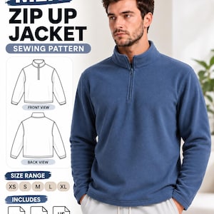 Puede incluir: Un patrón de costura para chaqueta azul con cremallera, cuello alto y mangas largas. El gráfico incluye el texto MEN ZIP UP JACKET SEWING PATTERN, un rango de tallas de XS a XL e iconos para formatos PDF A0, A4 y US Letter con vistas frontal y trasera.