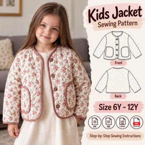 May include: A quilted jacket sewing pattern for kids, size 6Y-12Y. The design features a floral print, round neckline, button front, and two patch pockets. Includes front and back technical sketches, PDF format, and step-by-step sewing instructions.