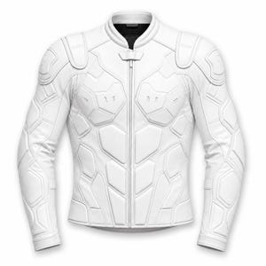 Può includere: Una giacca da moto di colore bianco tinta unita con cerniera frontale a tutta lunghezza, colletto alla coreana e pannelli imbottiti protettivi integrati su petto, spalle e maniche. Il capo presenta un design strutturato e aderente.