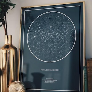 Puede incluir: Una lámina de mapa estelar en un marco dorado fino con fondo azul oscuro y un mapa circular blanco de estrellas. El texto dice Poppy Josephine Simpson, The Night Sky, Charlottetown, PE, Canada, 18th November 2017, 46.2382 N 63.1311 W.