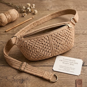 Peut inclure: Un sac banane en crochet beige avec un motif granny square, une fermeture éclair dorée et une sangle réglable avec des boucles en métal. Une carte blanche affiche le texte : HANDMADE GRANNY SQUARE WAIST BAG. Fabriqué avec du fil Indo Poly. Env. 30-22 cm x 16 cm.