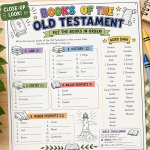 Op de afbeelding: Een wit educatief werkblad getiteld Books of the Old Testament met kleurrijke koppen voor Law, History, Poetry, Major Prophets en Minor Prophets. Het bevat een woordenbank, invulsecties, een vuurtorenillustratie en een bijbeluitdaging.
