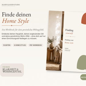 Könnte beinhalten: Ein digitales PDF-Arbeitsbuch mit dem Titel Finde deinen Home Style von Silver Glacier Studio. Das Cover zeigt ein Foto eines Wohnzimmers, abstrakte terrakotta- und salbeifarbene Formen sowie den Text Finding yourself und Finding your Home style.