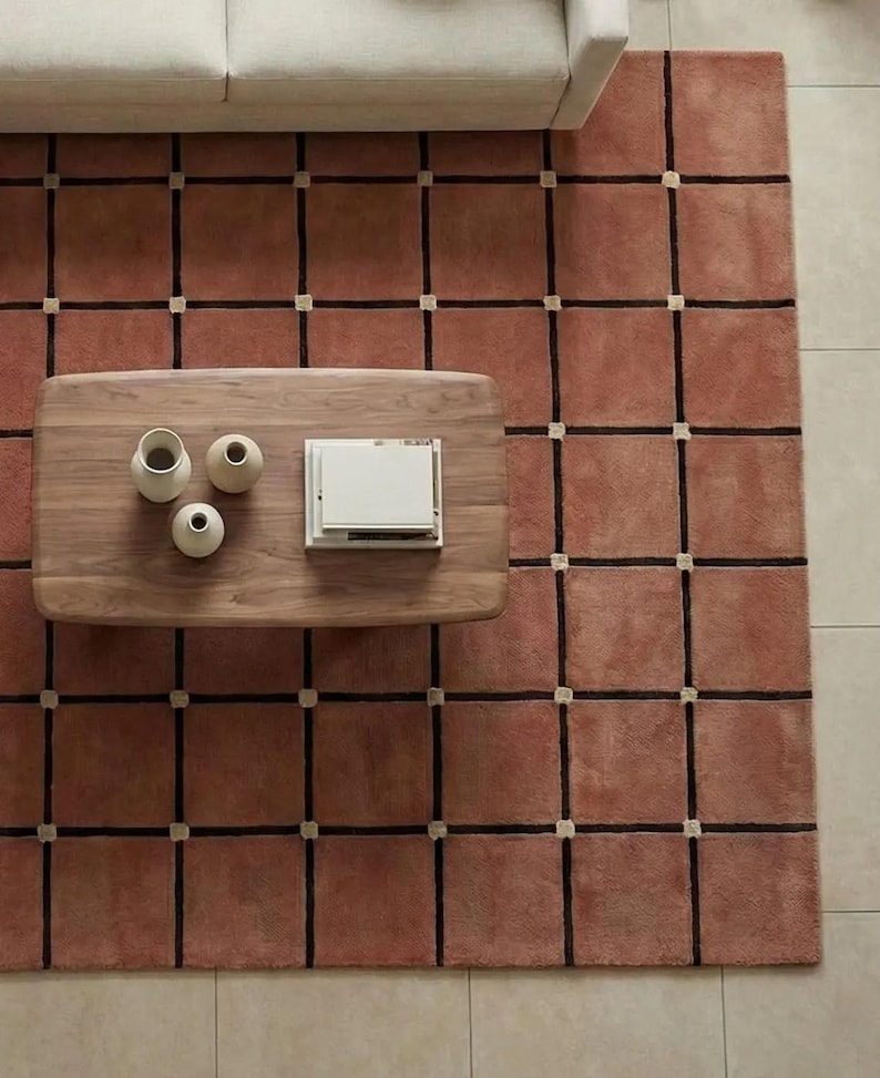 Terracotta Grid Rug, Brown Geometric Area Rug, Modern Mid Century ...