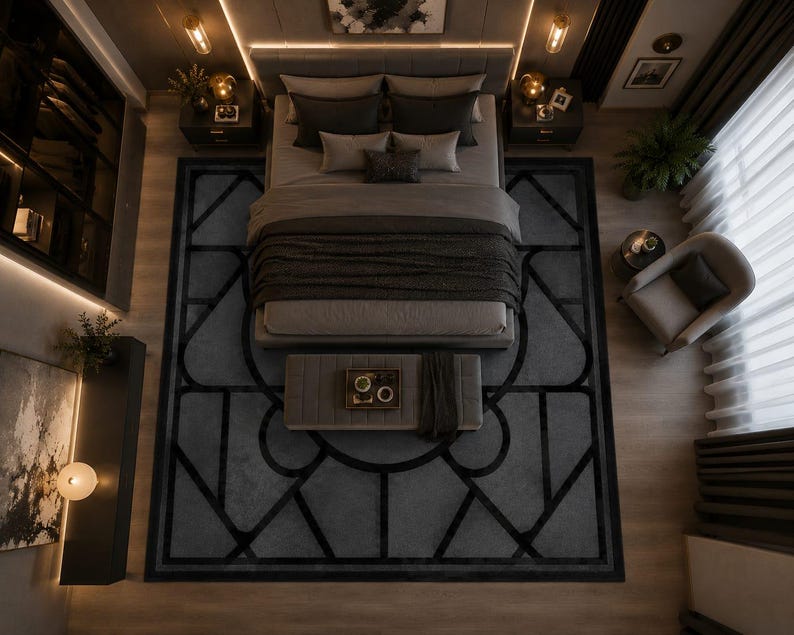 Deco Design Rug Black Gray Geometric Rug, Art Deco Area Rug, Modern Charcoal Statement ...