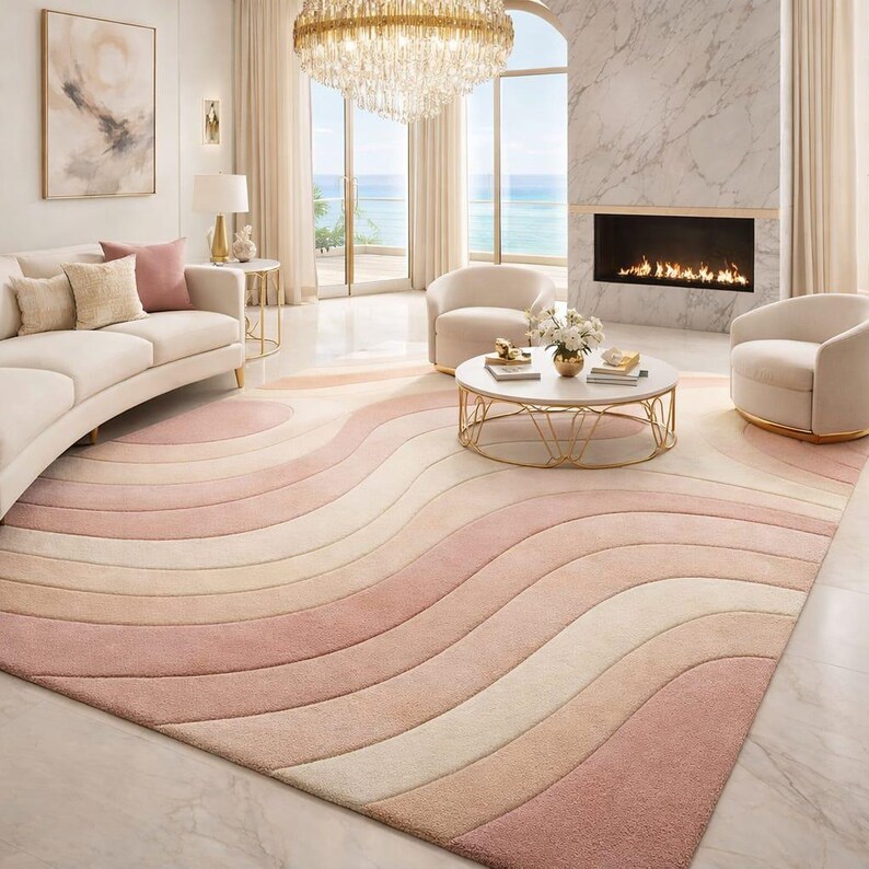 Blush Pink Abstract Wave Rug, Modern Wavy Area Rug, Cream Pink Carpet ...