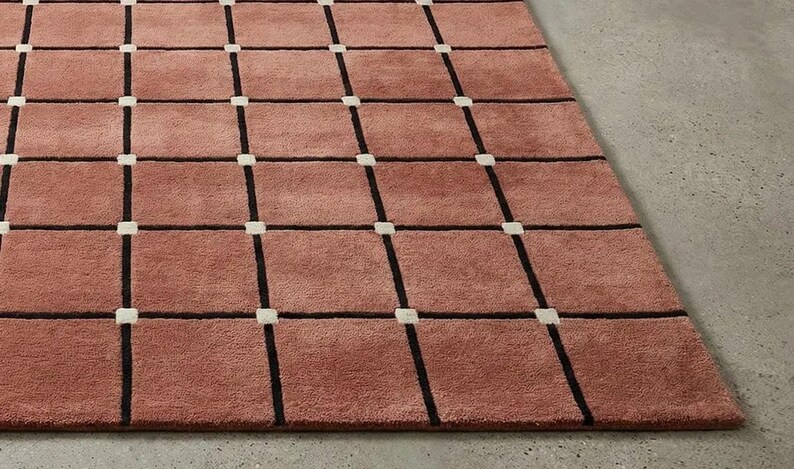 Terracotta Grid Rug, Brown Geometric Area Rug, Modern Mid Century ...