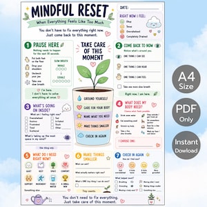 Op de afbeelding: Een printbaar Mindful Reset werkblad met zeven genummerde stappen voor emotionele regulatie. Het ontwerp bevat een centrale afbeelding van een plant in een pot, selectievakjes en reflectievragen. Tekst: Mindful Reset, A4 Size, PDF Only, Instant Download.