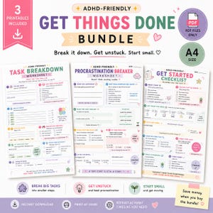 Könnte beinhalten: Ein digitales Set aus drei A4-großen, ADHS-freundlichen, druckbaren Arbeitsblättern mit den Titeln Task Breakdown, Procrastination Breaker und Get Started Checklist. Die Dokumente enthalten farbigen Text, Kontrollkästchen und Anleitungen zur Aufgabenverwaltung.