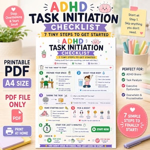 Op de afbeelding: Een printbare ADHD Task Initiation Checklist PDF met zeven genummerde stappen, kleurrijke iconen en tekst. Het document bevat secties voor het voorbereiden van de ruimte, het resetten van het lichaam en het opstarten van taken.