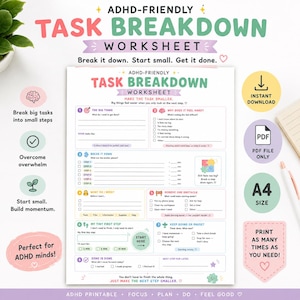 Puede incluir: Una hoja de trabajo para el desglose de tareas adaptada al TDAH con secciones en colores pastel, que incluye indicaciones para dividir tareas grandes en pasos pequeños, casillas de verificación y tiempos estimados.