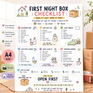 May include: A white First Night Box Checklist with colourful illustrations and text. The document includes seven numbered sections for moving essentials, including bathroom items, sleep gear, food, and cleaning supplies, plus an Open First box label.