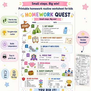 Puede incluir: Una hoja de trabajo imprimible de rutina de tareas titulada Homework Quest con seis pasos numerados e ilustraciones coloridas como una tienda de campaña, un cofre del tesoro y un trofeo. Incluye casillas de verificación, espacio para nombre y fecha, y una versión en blanco y negro.