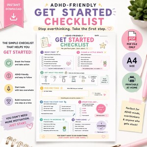 May include: A digital ADHD-friendly get started checklist document featuring eight numbered steps with checkboxes, icons, and pastel-colored text. The printable A4 page includes sections for resetting, clearing space, gathering needs, and tracking progress.