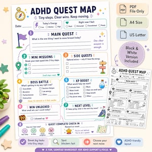 Könnte beinhalten: Ein farbenfrohes ADHD Quest Map Arbeitsblatt mit Abschnitten für Hauptquests, Mini-Missionen, Nebenquests, Bosskämpfe, XP-Boosts und Erfolgsverfolgung, inklusive Kompass-Symbol, nummerierten Schritten und einer schwarz-weißen Version.