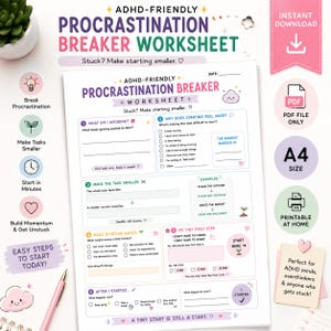 Op de afbeelding: Een printbaar ADHD-vriendelijk werkblad voor het doorbreken van uitstelgedrag in A4-formaat. Het document bevat secties voor het identificeren van taken, het opdelen in kleinere stappen en het stellen van doelen. Inclusief vakjes en iconen.