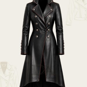 May include: A black long coat with a high-low hemline, featuring a double-breasted front with silver-toned buttons, a wide lapel collar, and long sleeves with button cuffs. The edges are accented with a thin dark red trim throughout the garment.