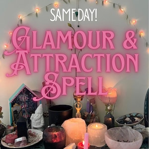 May include: A collection of ritual items including a pink bowl, various candles, crystals, and a white gnome figurine. The text SAME DAY! GLAMOUR & ATTRACTION SPELL is overlaid in white and pink. A string of small lights arches over the items.