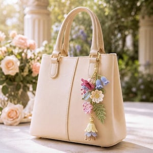Puede incluir: Un bolso de mano beige estructurado con dos asas, que presenta un adorno de ganchillo colgado del asa. El adorno consiste en flores, hojas y una pequeña borla de ganchillo multicolor en tonos rosa, azul, amarillo y verde.