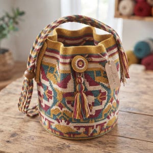 Pode incluir: Uma bolsa de crochê cilíndrica tipo saco com um padrão geométrico em amarelo mostarda, vermelho escuro e azul-petróleo. A bolsa tem uma alça trançada grossa, um fecho de cordão com uma borla decorativa e uma etiqueta de papel Stitchnify.
