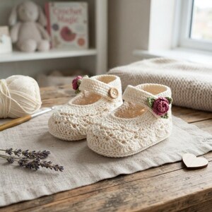 May include: A pair of cream-colored crocheted baby shoes featuring a delicate shell stitch pattern, a single strap secured with a small wooden button, and a decorative dark pink rose with green leaves attached to the side of each strap.