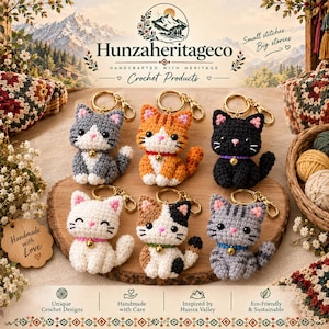 May include: Six crocheted cat keychains in various colors including gray, orange, black, white, calico, and tabby. Each cat features a small gold bell on a collar, embroidered facial details, and a gold-tone metal keyring attached to the top.