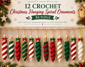 May include: A bundle of 12 crochet Christmas hanging spiral ornaments in red, green, white, and gold. The ornaments are displayed in a row, each featuring a small bow and a hanging loop. The text reads 12 CROCHET Christmas Hanging Spiral Ornaments.