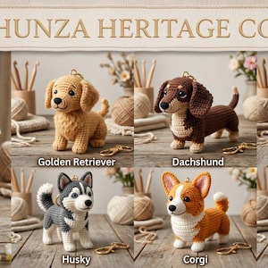 May include: A collection of seven crocheted dog keychains labeled Hunza Heritage Co. The set includes a cream poodle, golden retriever, brown dachshund, black and white French bulldog, grey and white husky, orange and white corgi, and a shih tzu.