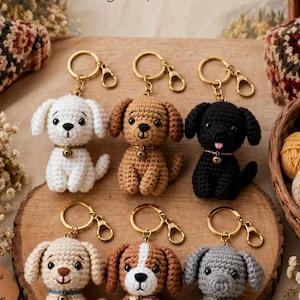 Paquete de patrones de llaveros de perro a crochet - 7 razas de perros amigurumi - Caniche, Corgi, Husky, Bulldog Francés - Llavero de perro mini PDF