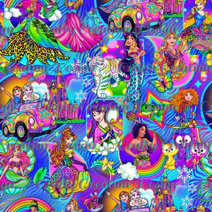 May include: A vibrant, multi-colored fabric pattern featuring various animated princesses, a white tiger, and a colorful retro car. The design includes rainbows, castles, snowflakes, and floral elements set against a swirling, psychedelic background.