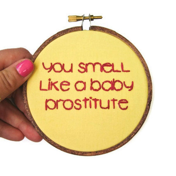 ON SALE - Mean Girls : Teen Movie Quote Hand Embroidery Hoop Art - You Smell Like a Baby Prostitute in Yellow and Pink