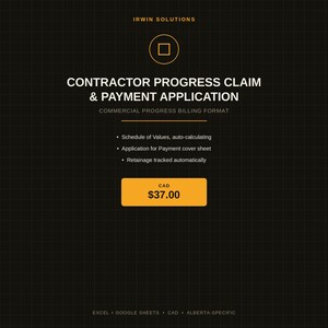 May include: A digital document template titled Contractor Progress Claim & Payment Application by Irwin Solutions. It features a commercial progress billing format, auto-calculating schedule of values, payment cover sheet, and automatic retainage tracking.