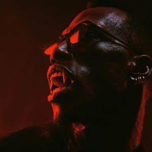 May include: A profile view of a person with dark skin wearing black-rimmed glasses and three silver hoop earrings in their ear. The person has sharp, pointed vampire-like fangs visible in their open mouth, illuminated by a deep red light.