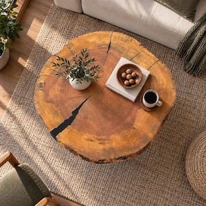 May include: A round coffee table made from a natural wood slice featuring a prominent dark resin-filled crack across the surface. The table holds a small white vase with green foliage, a stack of books, a wooden bowl of walnuts, and a coffee mug.