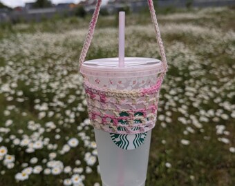 Handmade Crochet Cold Cup Sling | 100% Cotton Iced Coffee Cozy | Reusable Drink Holder