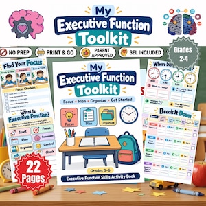 Può includere: Una risorsa educativa digitale intitolata My Executive Function Toolkit per le classi 2-6, che include 22 pagine di schede di attività stampabili. La copertina mostra una scrivania con un quaderno, un portapenne e uno zaino.