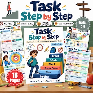 Puede incluir: Un libro de actividades Task Step by Step para grados 3-6 con una portada que muestra a un niño subiendo una escalera etiquetada como Notice, Plan, Break Down, Start, Work y Check. Las páginas incluyen listas, diagramas e ilustraciones.