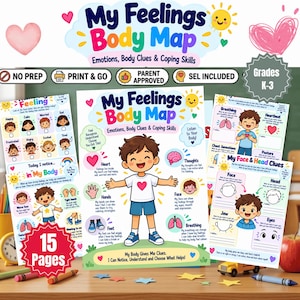Puede incluir: Un conjunto de hojas de trabajo educativas titulado My Feelings Body Map, con ilustraciones coloridas de un niño, partes del cuerpo y pistas emocionales. Las páginas incluyen indicaciones de texto para identificar sentimientos y habilidades de afrontamiento.